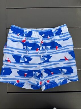 Kids Blue & White Sailboat Swim Trunks